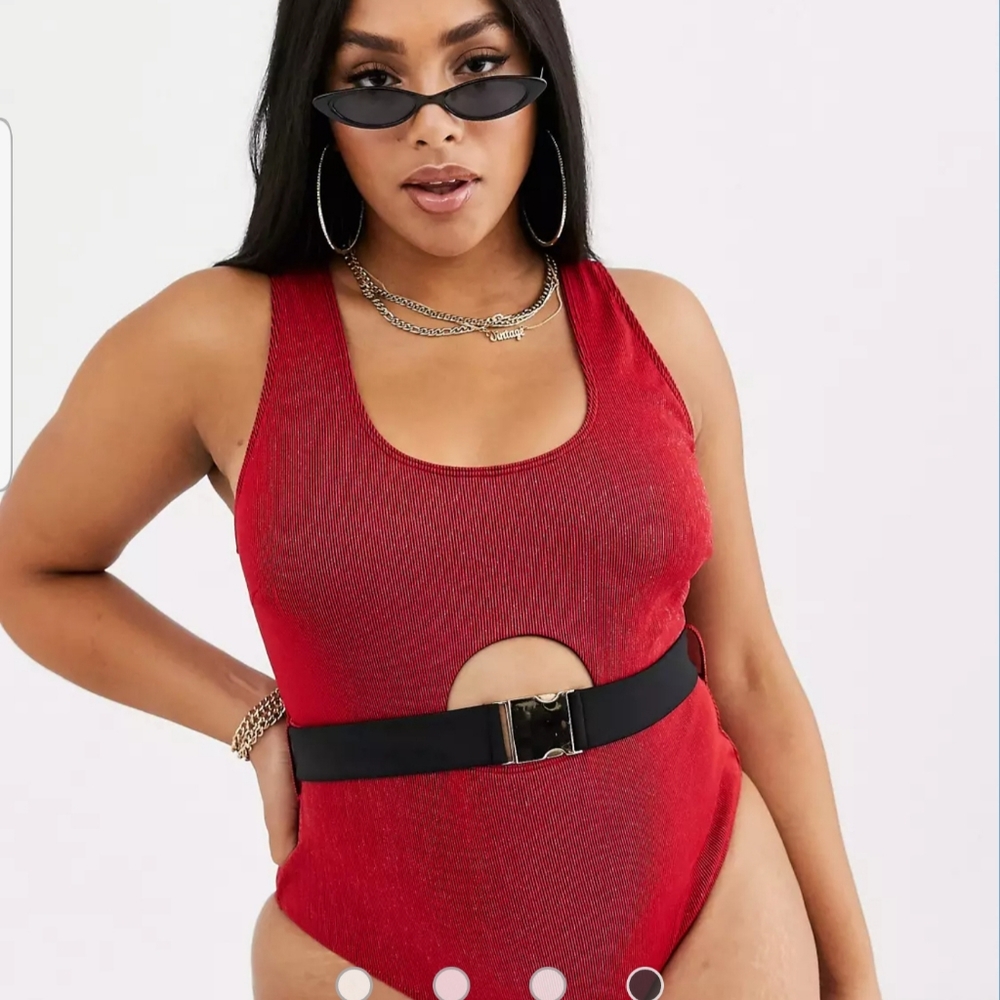 Wolf & Whistle Exclusive Cut Out Swimsuit In Red Glitter Rib w/ Belt